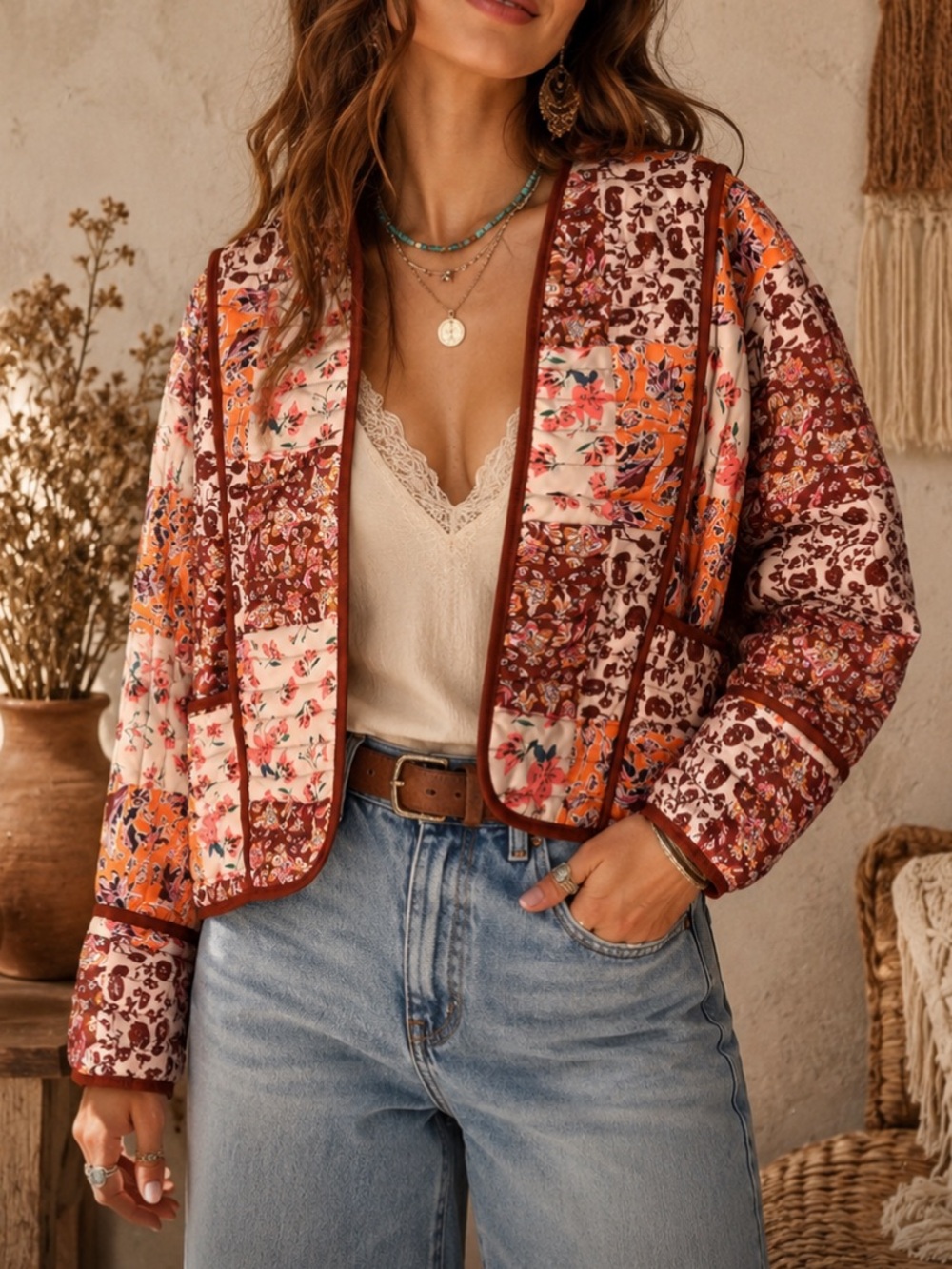 Quilted Boho Patchwork Floral Jacket - Cream & Rust